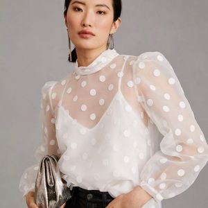 ANTHROPOLOGIE NWT Flat White Sheer Polka-Dot Blouse XL
